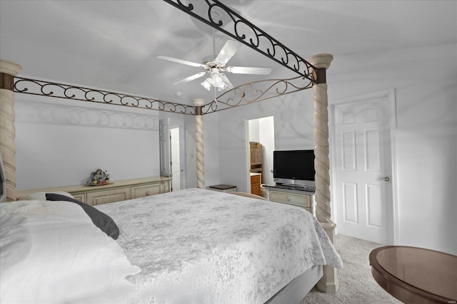 bedroom featuring light carpet and ceiling fan