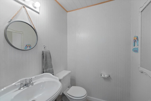 bathroom featuring toilet, sink, and crown molding