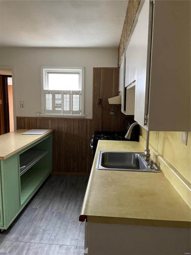 kitchen with hardwood / wood-style flooring, sink, green cabinets, and wood walls