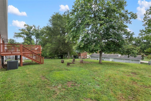 view of yard featuring a deck and central AC