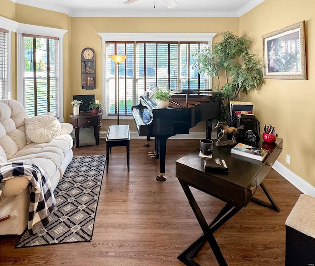 interior space with crown molding, plenty of natural light, ceiling fan, and wood-type flooring