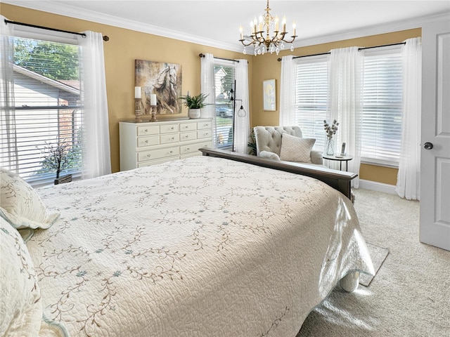 bedroom with light carpet, crown molding, and a notable chandelier