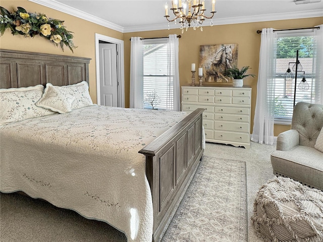 bedroom featuring crown molding, a chandelier, and light colored carpet