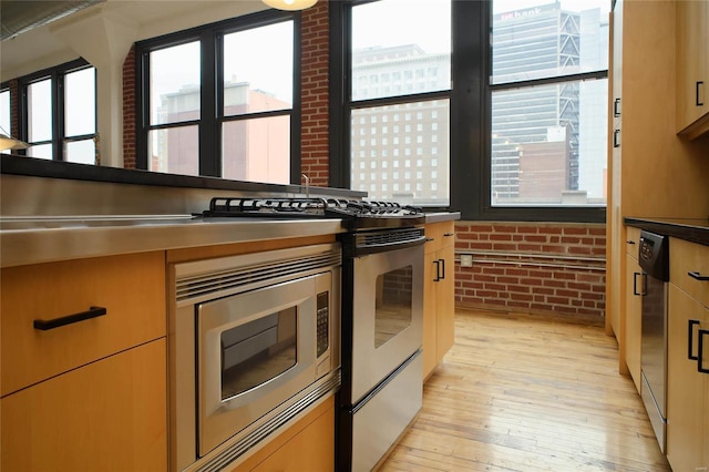 kitchen with stainless steel appliances, light hardwood / wood-style floors, and brick wall