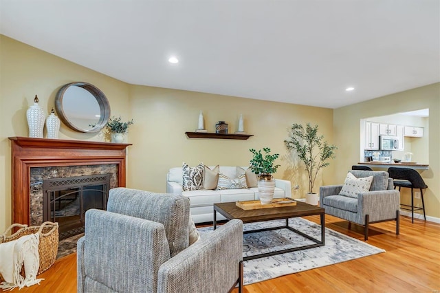 living room with light wood-type flooring and a premium fireplace