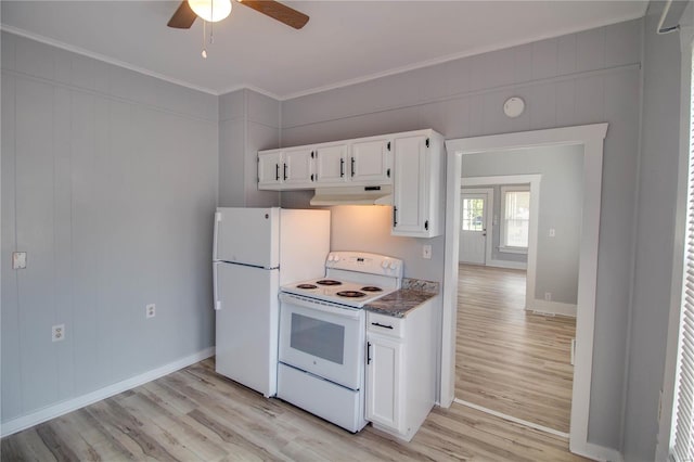 kitchen with white appliances, light hardwood / wood-style floors, crown molding, ceiling fan, and white cabinets