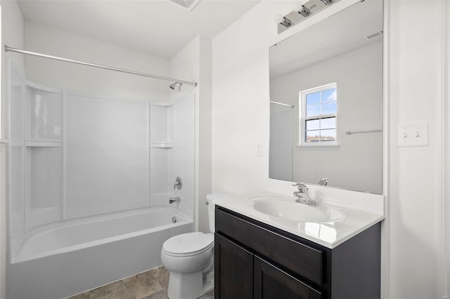 full bathroom featuring bathtub / shower combination, toilet, and vanity