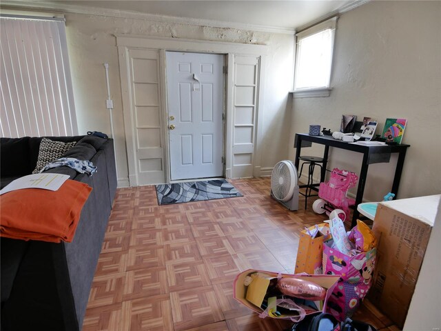 interior space with light parquet floors