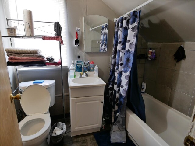 full bathroom with vanity, toilet, and shower / bathtub combination with curtain