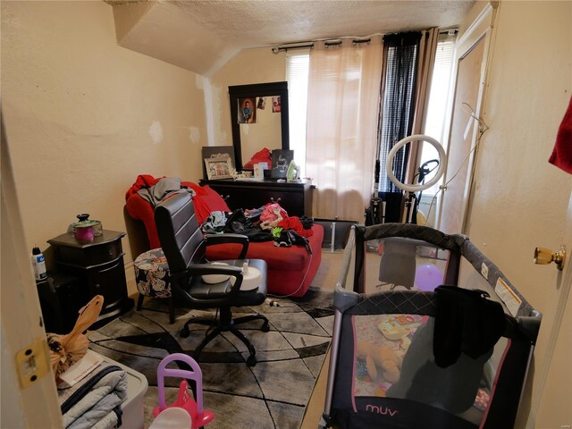 carpeted home office with vaulted ceiling and a textured ceiling