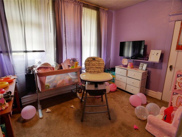 bedroom featuring multiple windows and carpet flooring