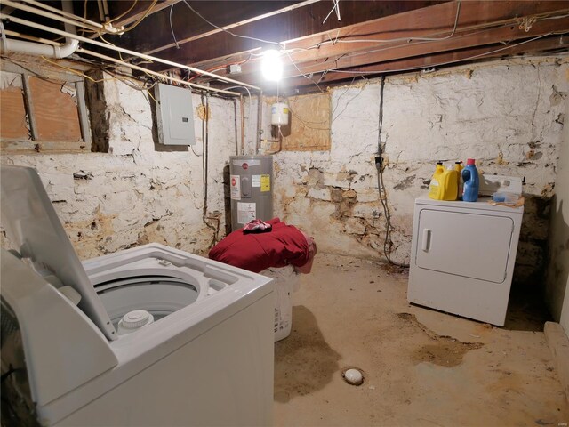 basement featuring electric panel, washing machine and dryer, and water heater