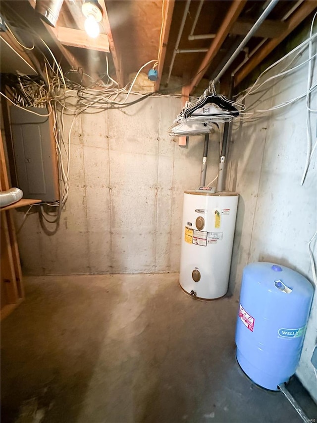 basement with electric panel and water heater