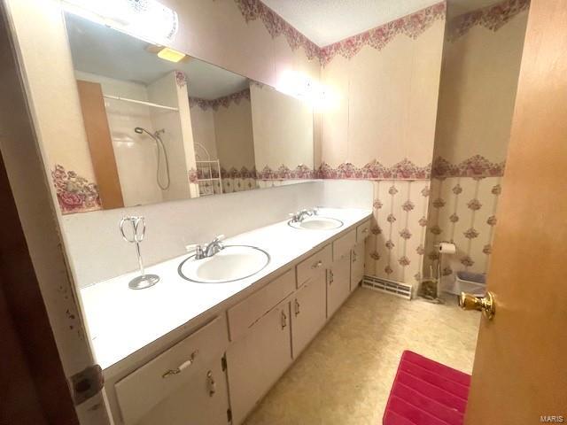 bathroom with walk in shower and vanity