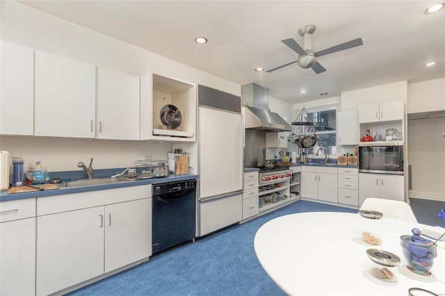 kitchen featuring dishwasher, ceiling fan, sink, and white cabinetry