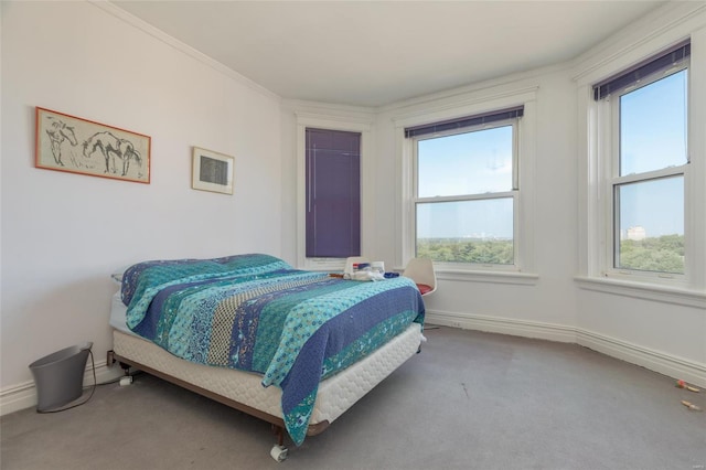 carpeted bedroom featuring crown molding and multiple windows