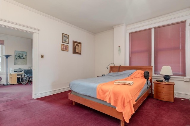 carpeted bedroom featuring crown molding