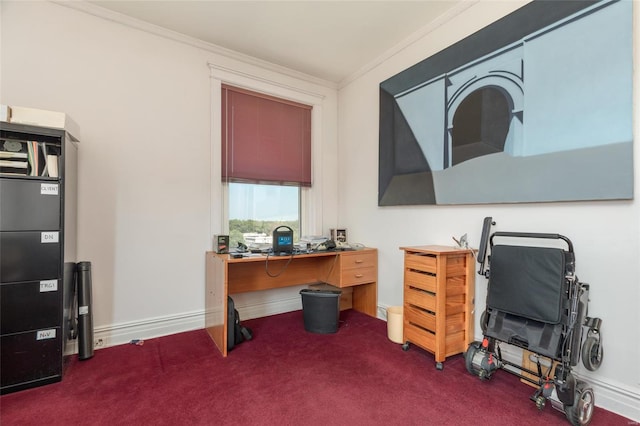 home office featuring dark colored carpet and crown molding