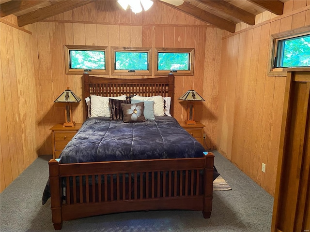 bedroom featuring carpet flooring, wooden walls, ceiling fan, and wood ceiling