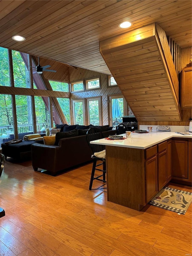 kitchen featuring a kitchen breakfast bar, wooden ceiling, wooden walls, and a wealth of natural light