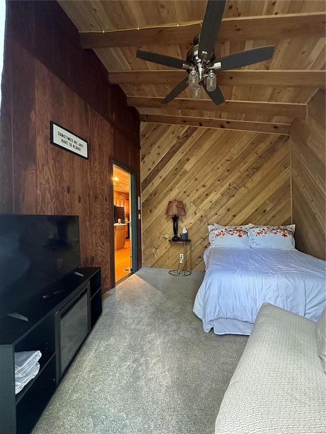 bedroom featuring ceiling fan, wooden ceiling, beamed ceiling, and wood walls