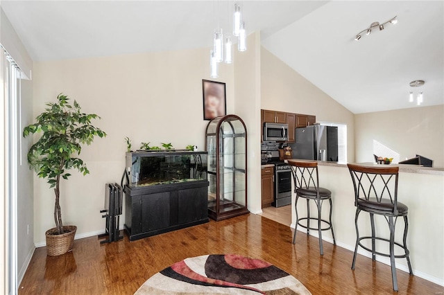 interior space with an inviting chandelier, hardwood / wood-style floors, and high vaulted ceiling