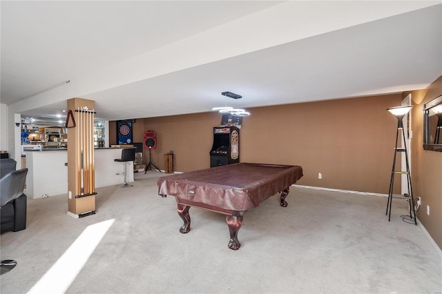 recreation room featuring billiards and light carpet