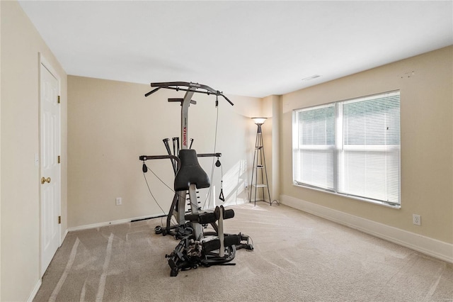 workout area featuring light carpet