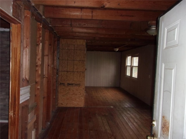 basement with wood walls and dark hardwood / wood-style flooring