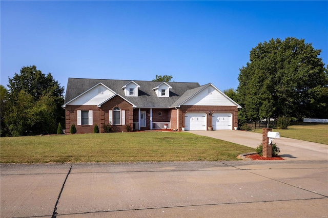 cape cod house with central air condition unit, a garage, and a front lawn