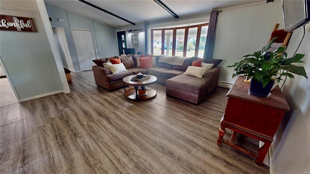 living room featuring wood-type flooring, vaulted ceiling, french doors, and a baseboard radiator