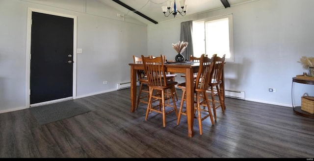 dining room featuring a notable chandelier, dark wood-type flooring, a baseboard heating unit, and lofted ceiling with beams