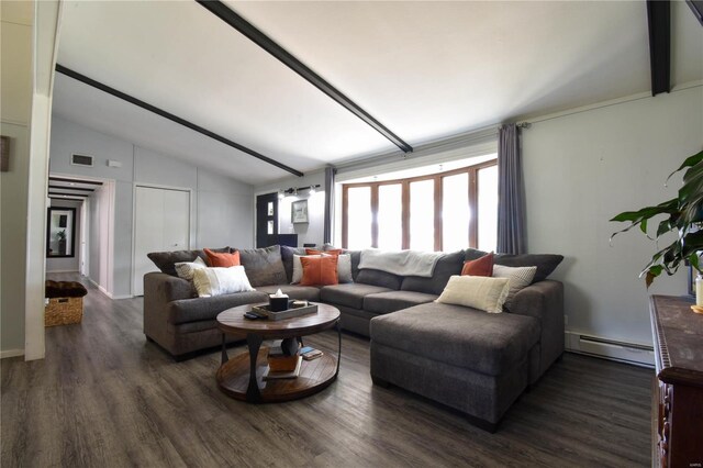 living room featuring a baseboard radiator, dark hardwood / wood-style floors, and vaulted ceiling