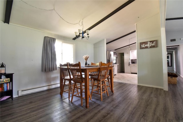 dining space with dark wood-type flooring, baseboard heating, a notable chandelier, and vaulted ceiling