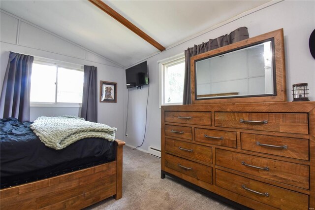 carpeted bedroom with a baseboard radiator and vaulted ceiling with beams