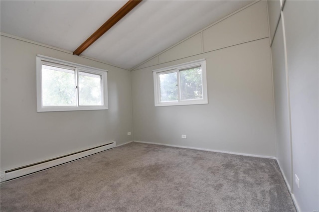 empty room with light carpet, a wealth of natural light, lofted ceiling with beams, and a baseboard radiator