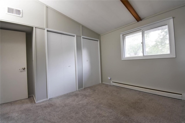 unfurnished bedroom with a baseboard heating unit, lofted ceiling with beams, and light carpet