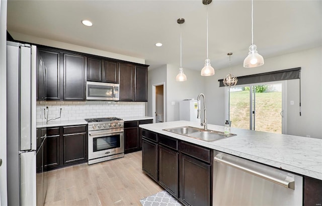 kitchen featuring hanging light fixtures, backsplash, light hardwood / wood-style flooring, stainless steel appliances, and sink