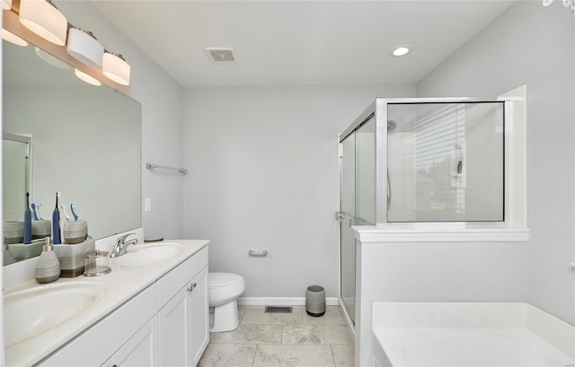 full bathroom featuring vanity, toilet, and plus walk in shower