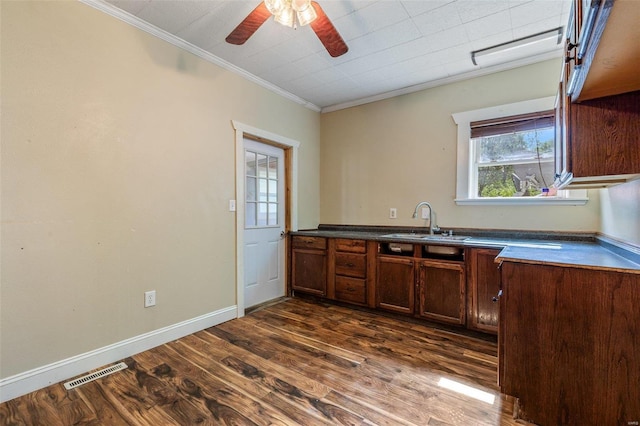 kitchen featuring dark wood finished floors, ornamental molding, ceiling fan, a sink, and visible vents