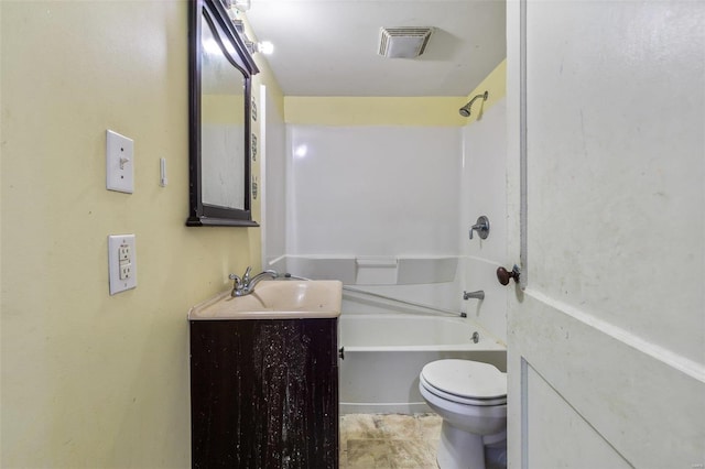 bathroom with toilet, visible vents, bathing tub / shower combination, and vanity