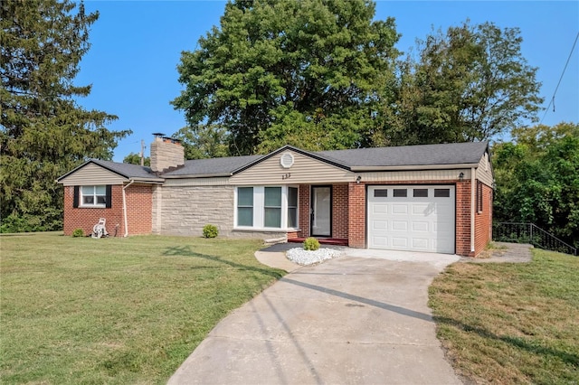 single story home with a garage and a front yard