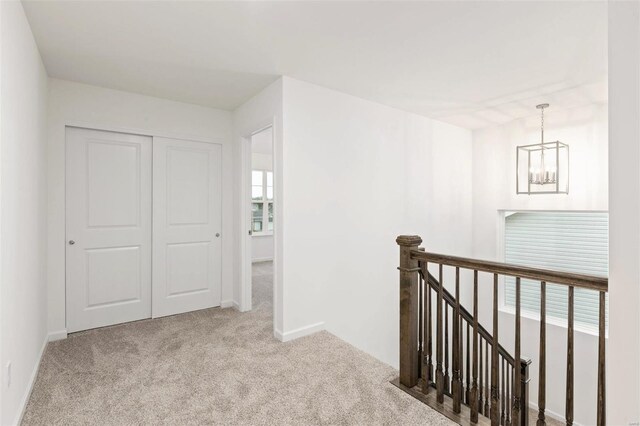 corridor featuring a notable chandelier, light carpet, and a healthy amount of sunlight