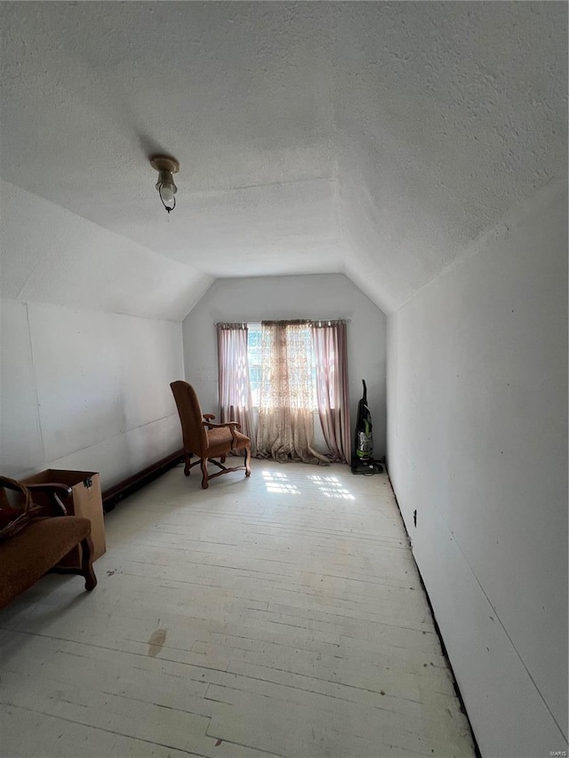 additional living space with light wood-type flooring, vaulted ceiling, and a textured ceiling