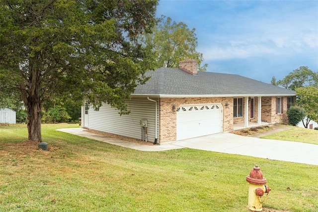 ranch-style house with a front yard and a garage