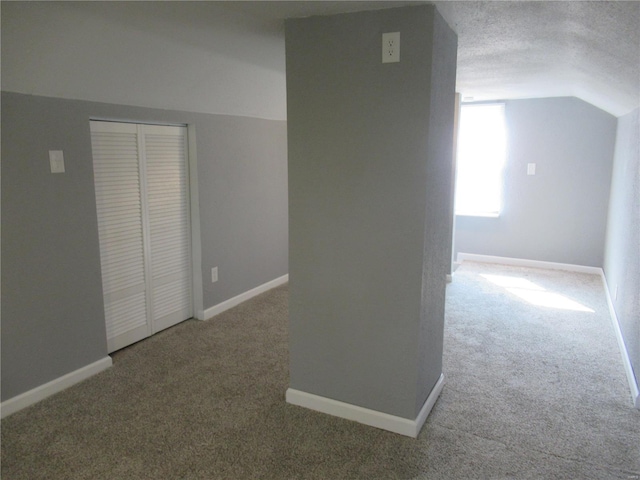 interior space featuring a textured ceiling, carpet, and lofted ceiling