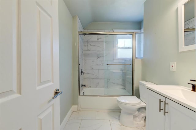 full bathroom featuring toilet, combined bath / shower with glass door, and vanity