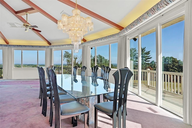 sunroom / solarium with ceiling fan with notable chandelier