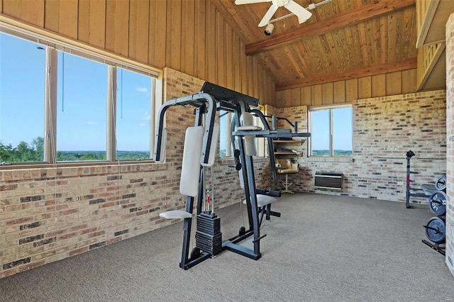 workout area featuring brick wall, wooden walls, wooden ceiling, and carpet