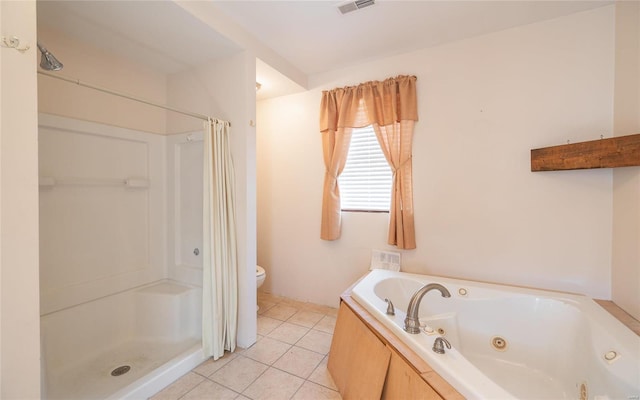 bathroom with separate shower and tub, tile patterned flooring, and toilet